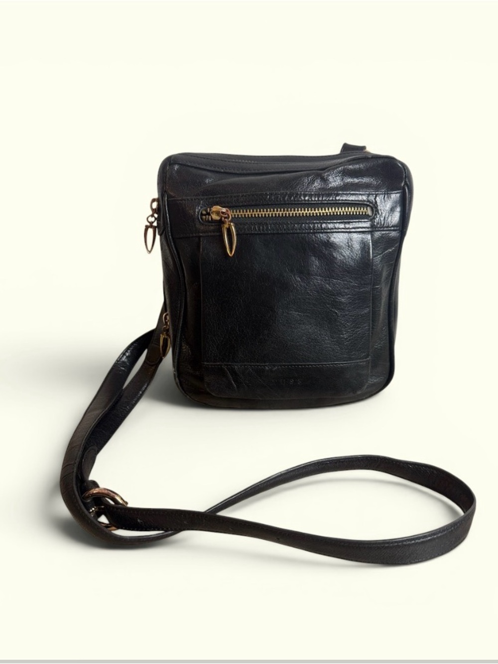 TUSK Black Leather Crossbody Bag Vintage Messenger Gold Hardware